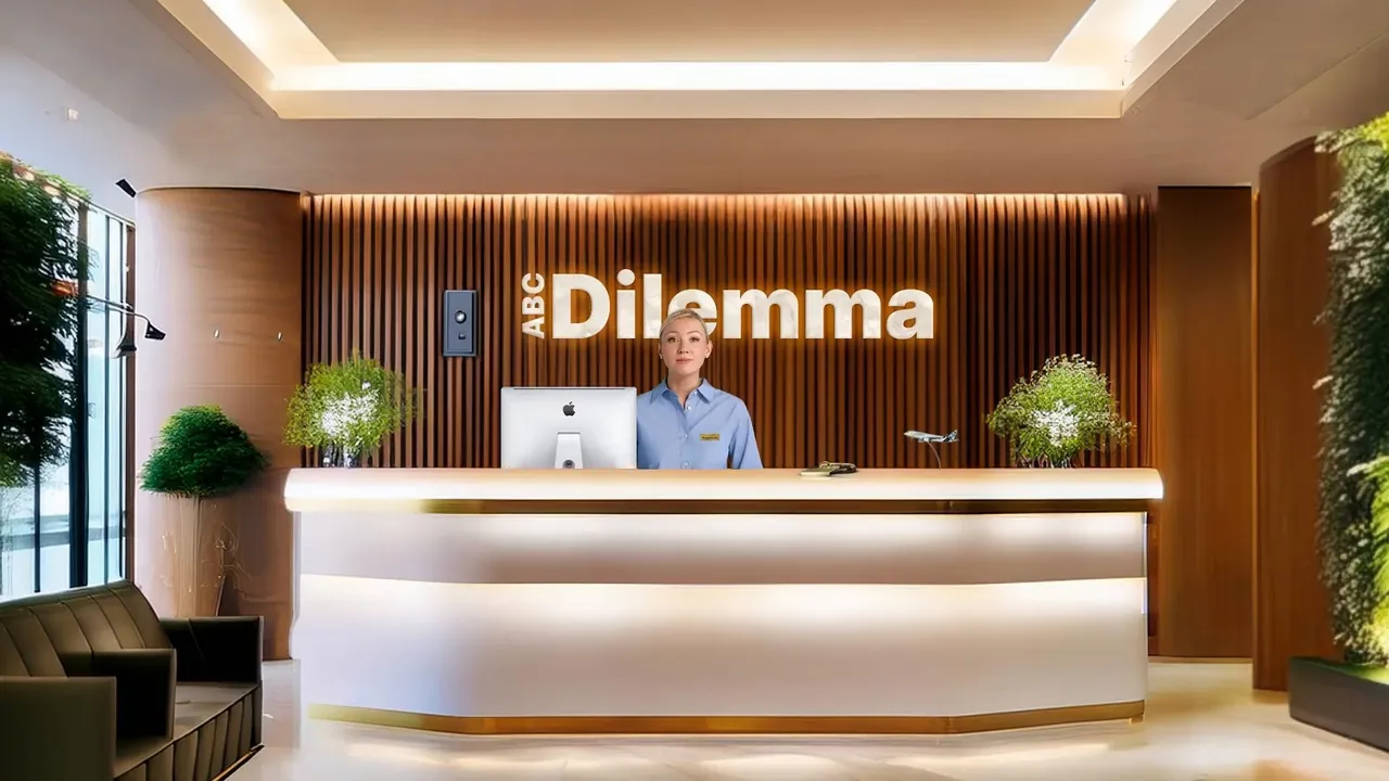 The Dilemma Hotel reception, with the receptionist behind the desk