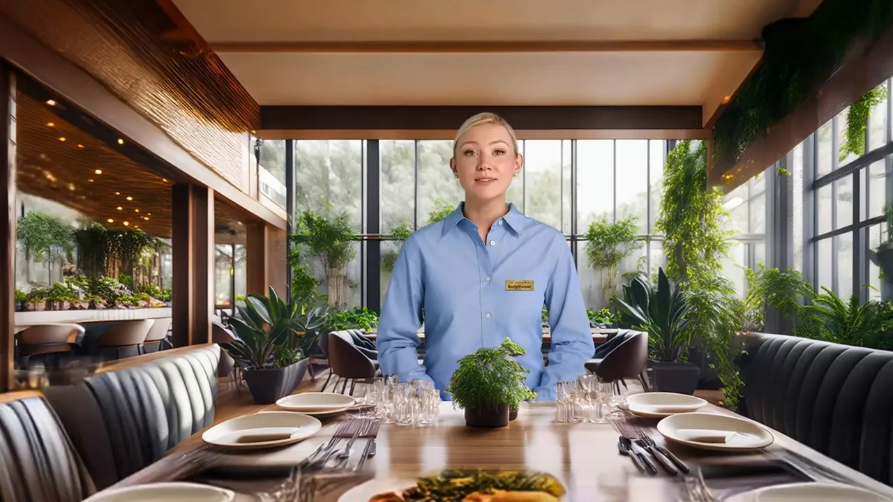 The presenter in the hotel restaurant