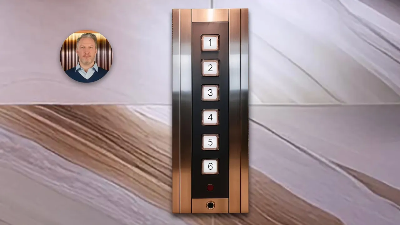 The hotel lift, a stranger in the corner beside the floor buttons