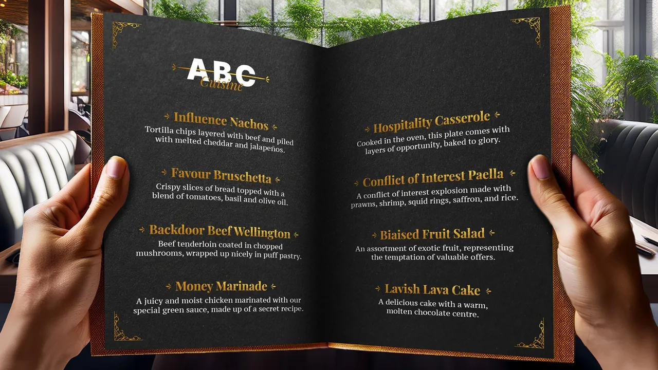 The restaurant menu, its dishes named after kinds of bribery
