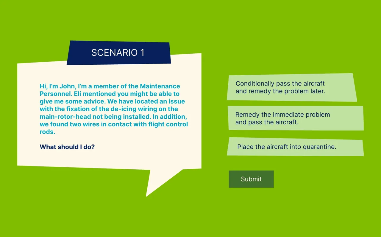 Scenario 1: a maintenance technician asks the learner for advice about wires touching flight control rods