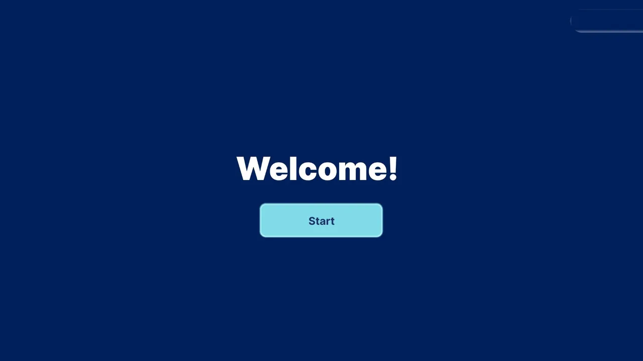 The welcome screen, with a start button