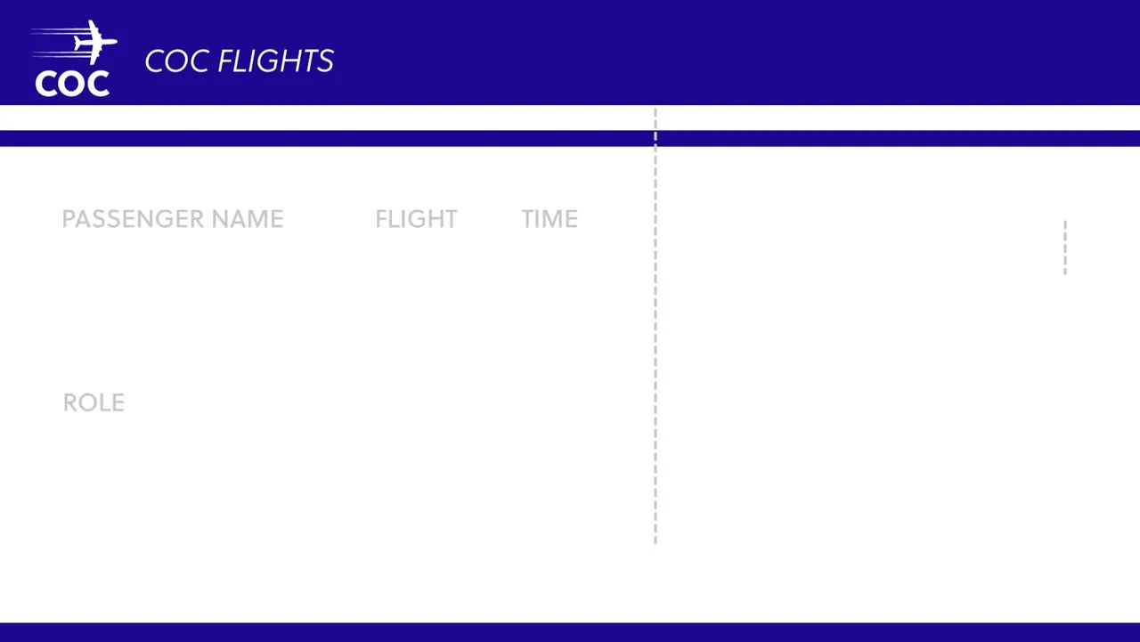 A blank boarding pass with passenger name, flight and role