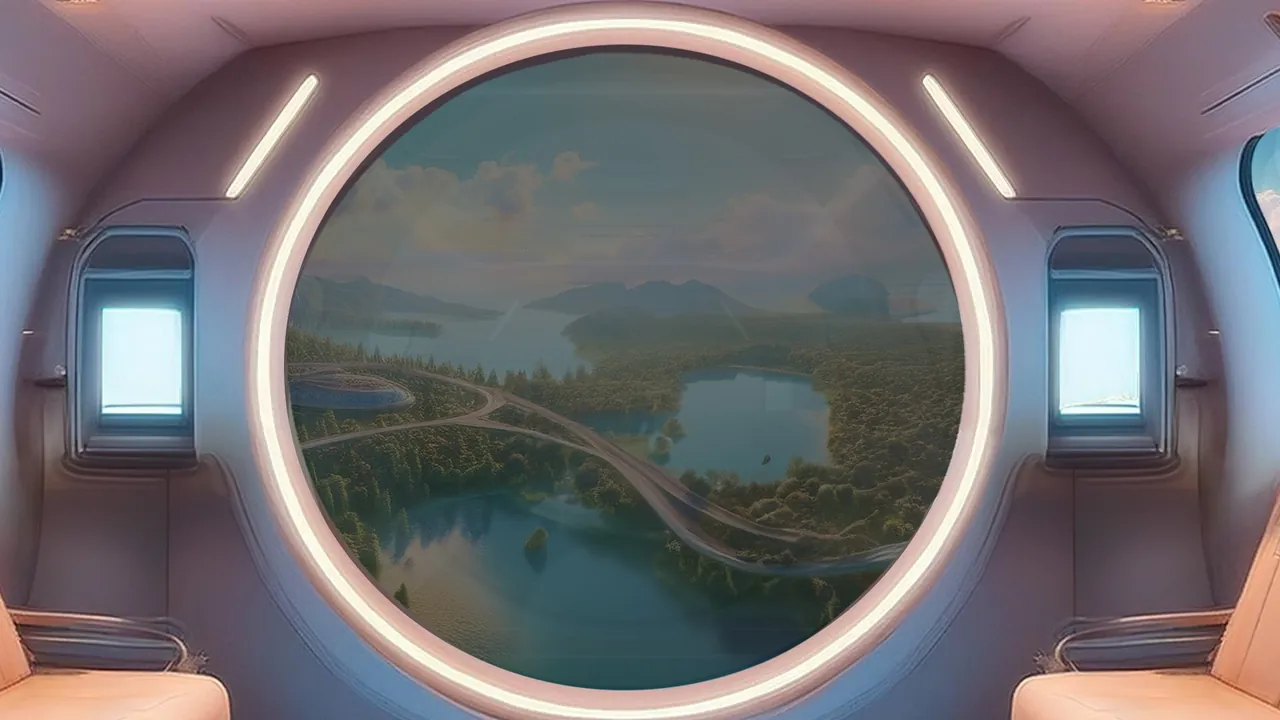 The view through an aircraft window over a lake and forest