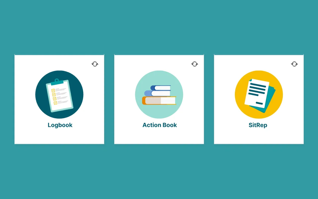 Flip cards for the log keeper's tools: logbook, action book and situation report