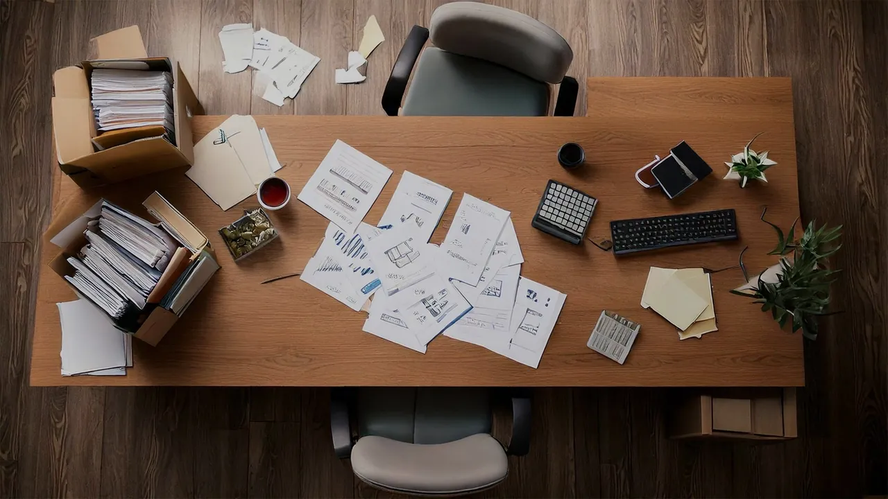 A desk buried in paper records, seen from above