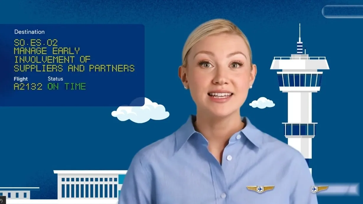 A flight attendant presenter beside a departures board: manage early involvement of suppliers and partners, on time