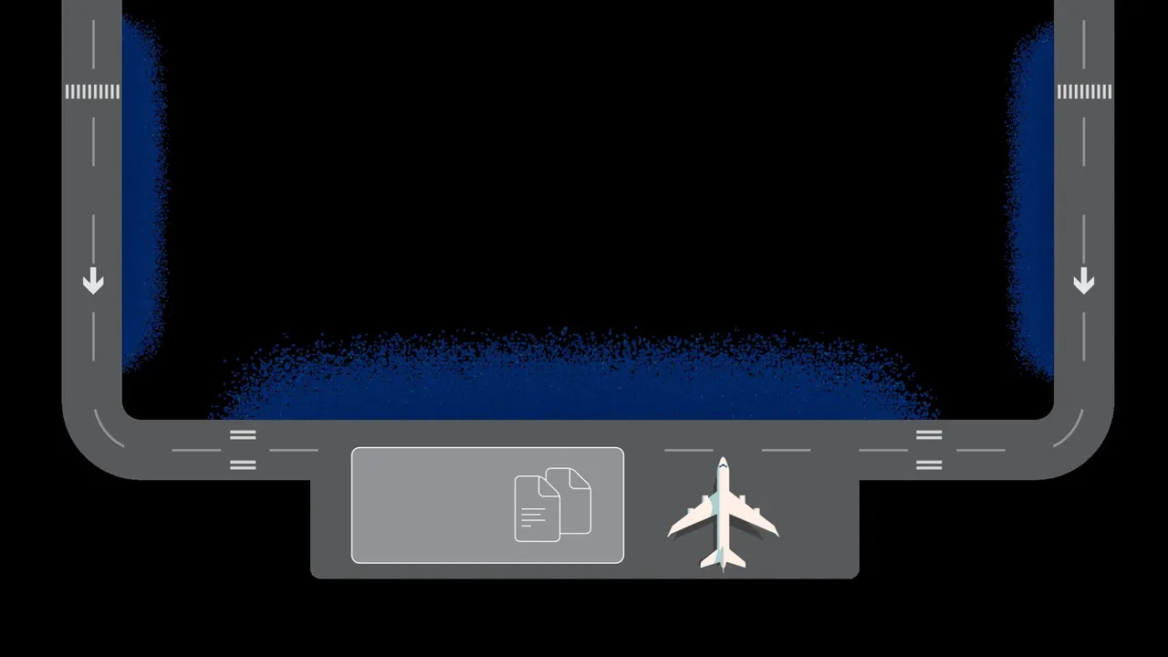 The procedure drawn as a taxiway, a plane leaving the document gate