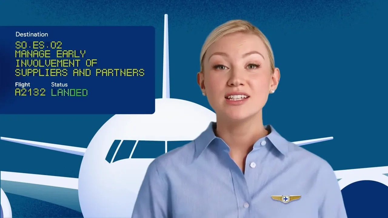 The presenter in front of an aircraft, flight status landed