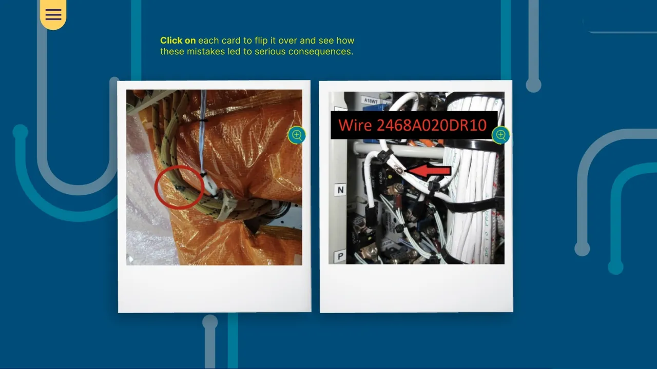 Flip cards with photos of real wiring damage