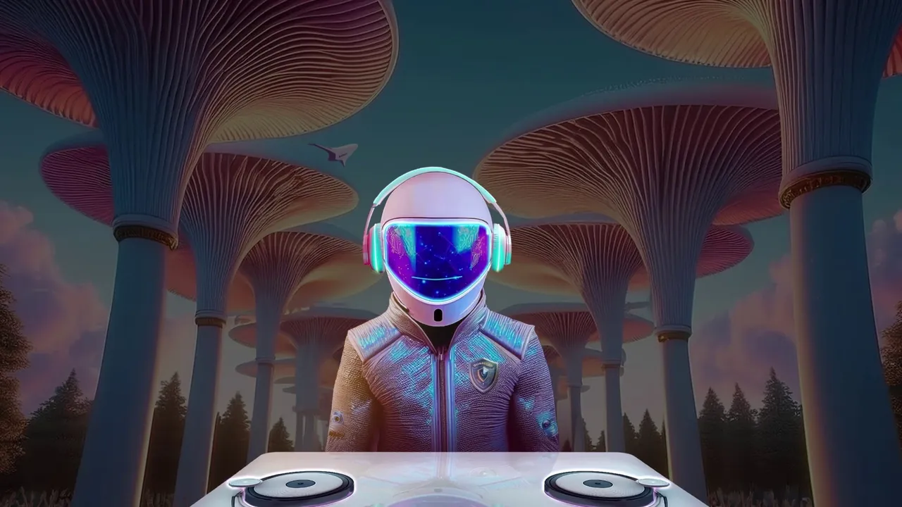 A helmeted Guardian at a DJ desk under giant mushroom trees