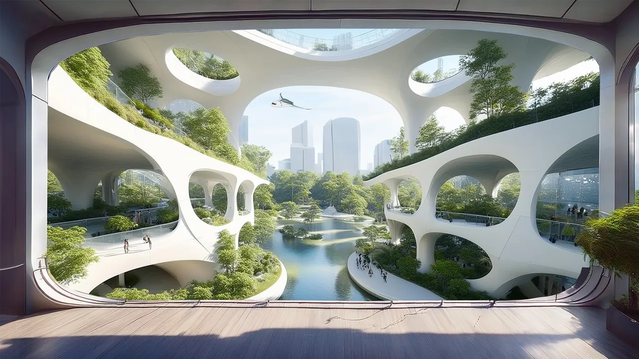 The futuristic city seen from inside the spaceship
