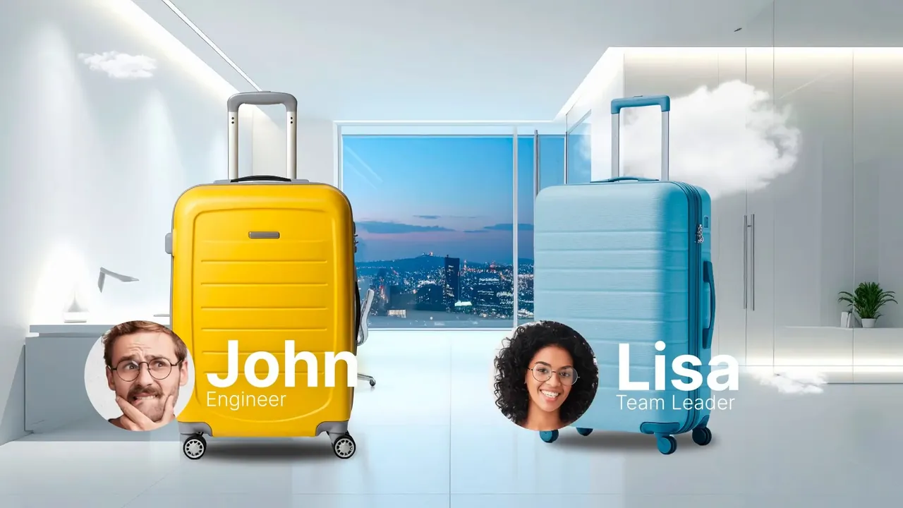 John, an engineer, and Lisa, a team leader, with their suitcases