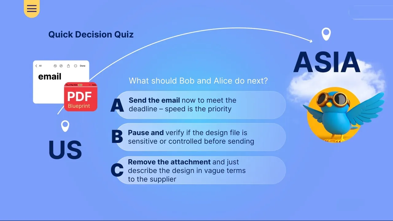 A quick decision quiz: should Bob and Alice email a blueprint from the US to Asia?