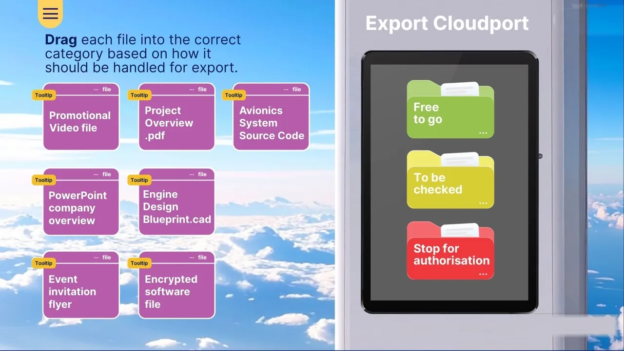 Drag each file into the right export category: free to go, to be checked, or stop for authorisation