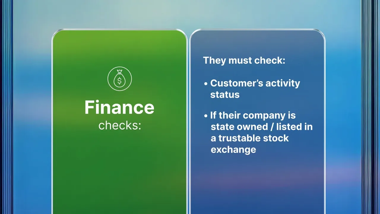 Finance checks: the customer's activity status and whether the company is state owned or listed