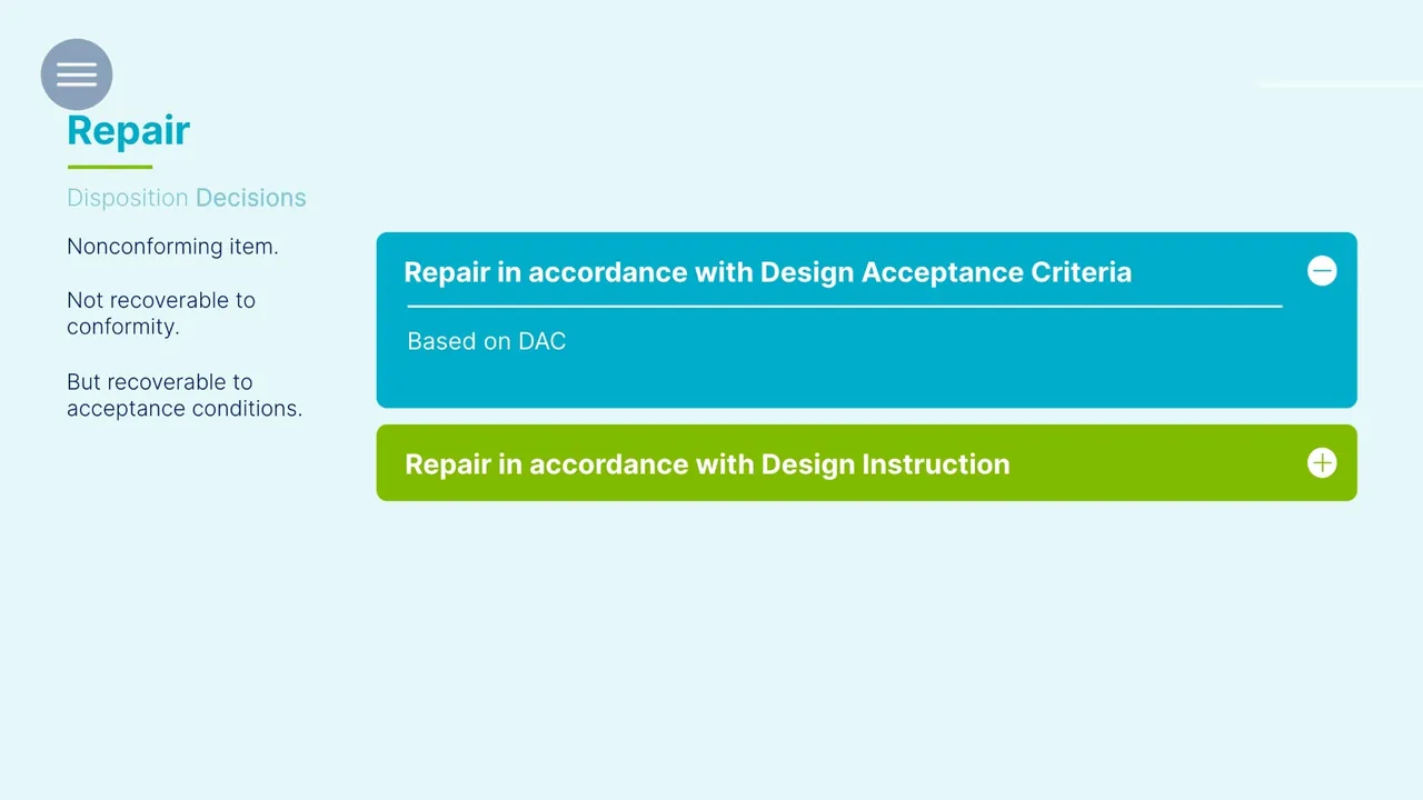 Repair, the decision for parts that can be brought back to acceptance conditions