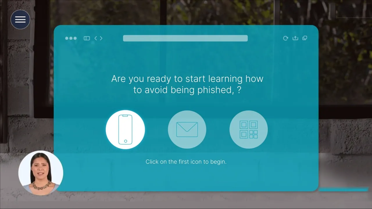 The presenter asks if you're ready to learn how to avoid being phished, with phone, email and QR code icons