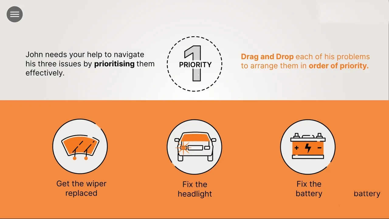 Prioritise John's three problems: the wiper, the headlight and the battery