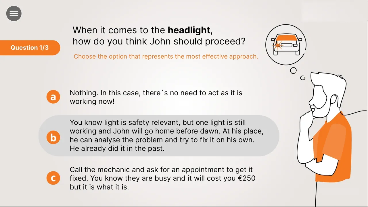Question 1 of 3: how should John deal with the broken headlight?