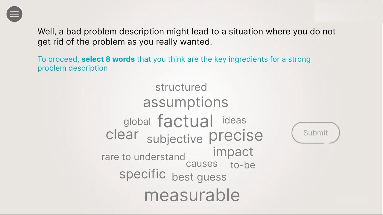 Pick the eight key ingredients of a strong problem description