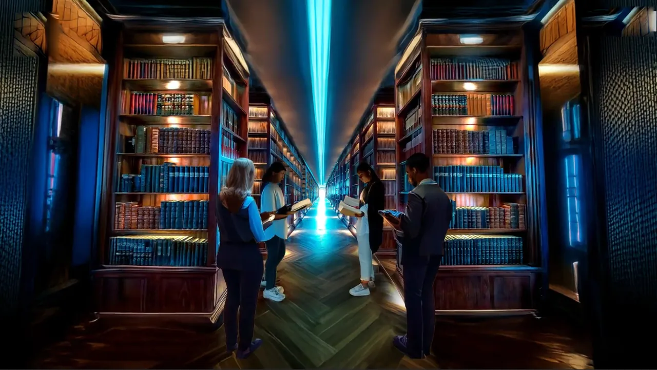 Auditors in a vast glowing library