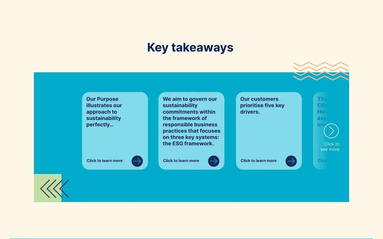 Key takeaway cards on the company's sustainability approach