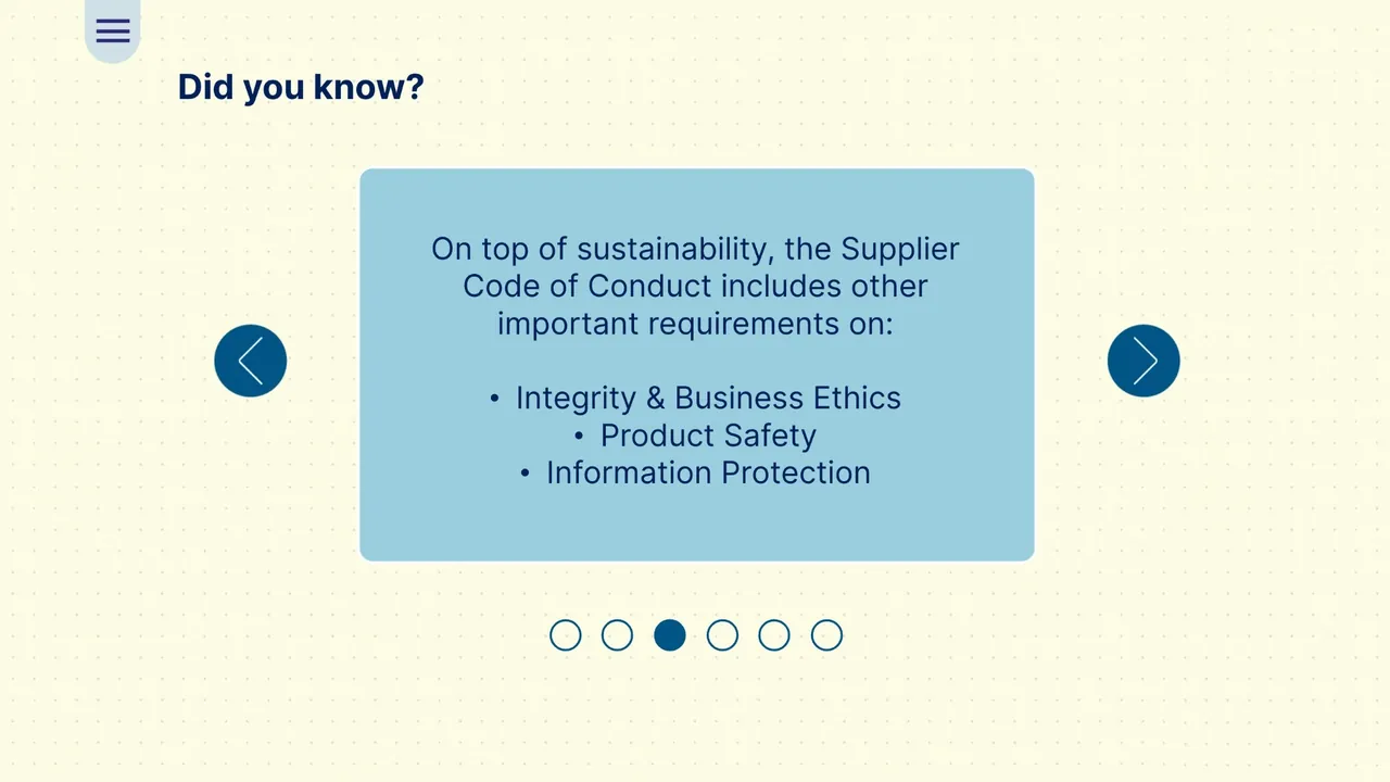 Did you know? The supplier code of conduct also covers ethics, product safety and information protection
