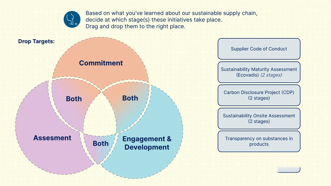 A Venn diagram exercise sorting initiatives into commitment, assessment and engagement