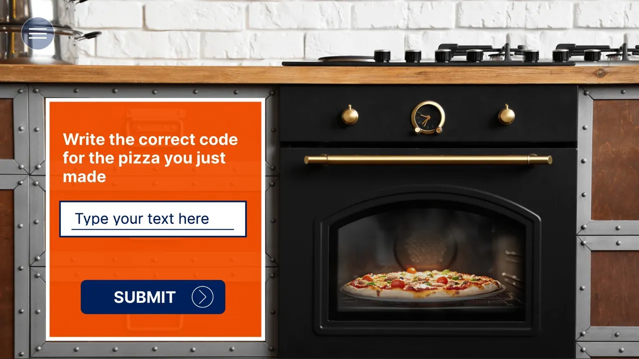 A cooking show: write the correct code for the pizza you just made