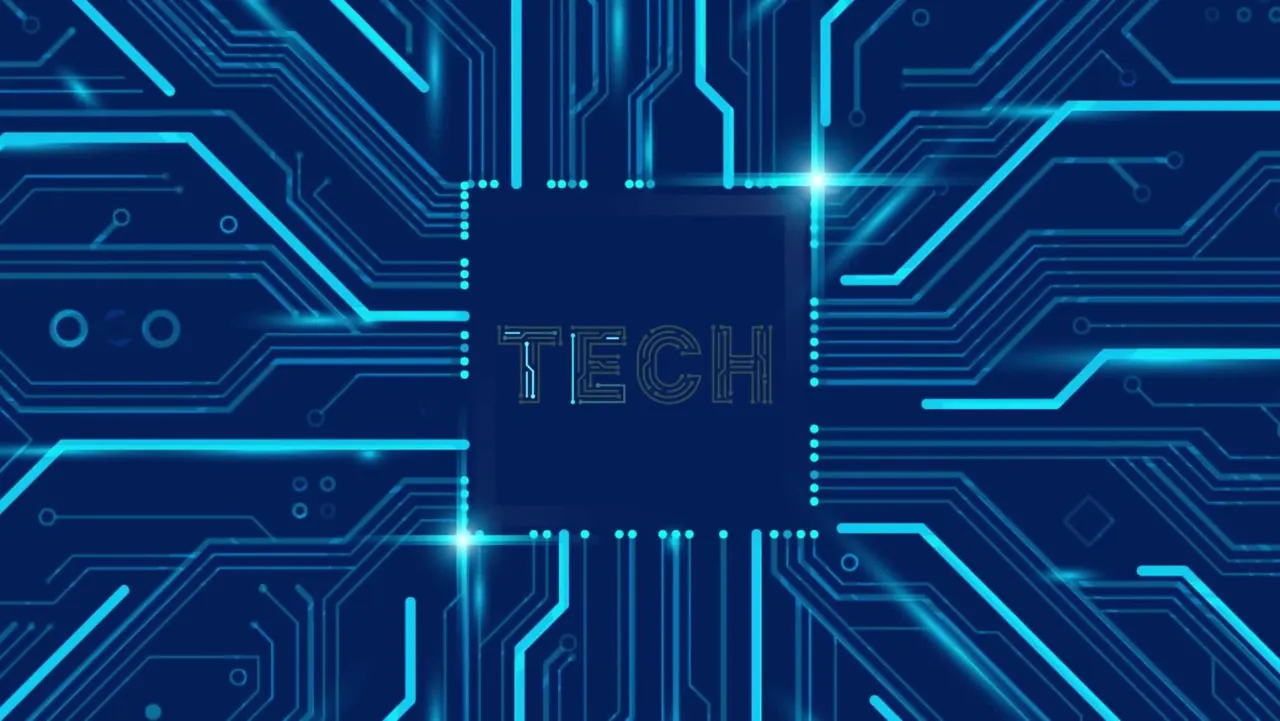 A circuit board spelling out tech