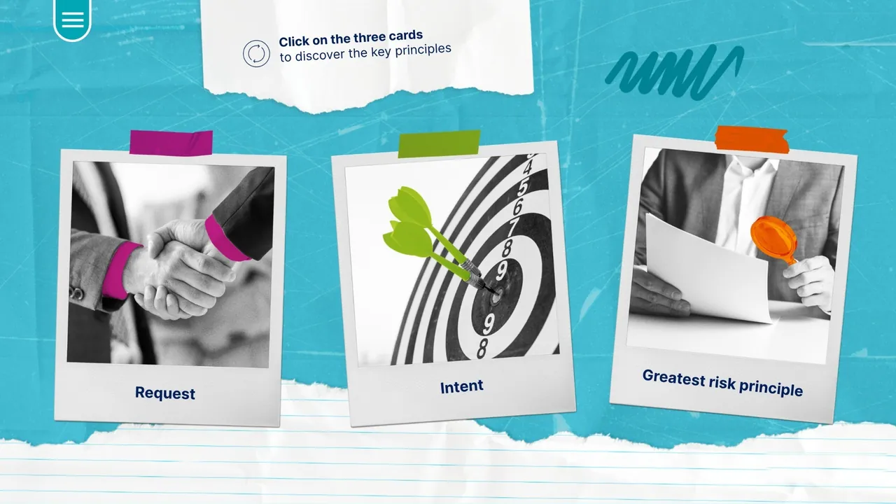 Three cards explaining the key principles: request, intent and greatest risk