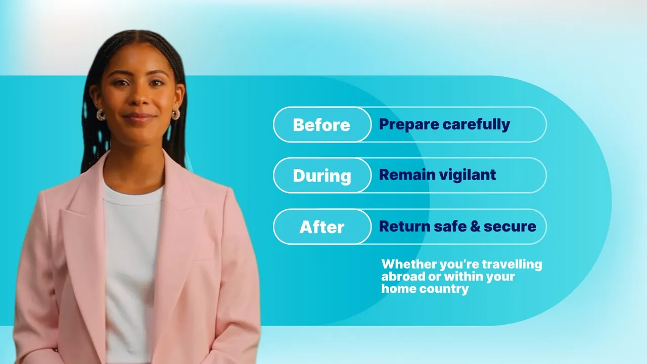 The presenter introduces the three stages of a business trip: before, during and after